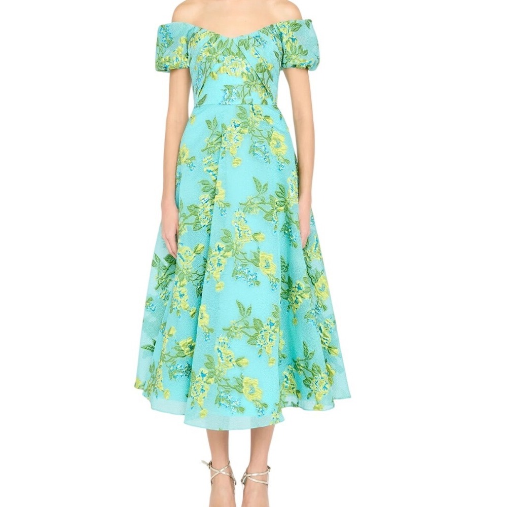 Theia Alanis Aqua Floral Off Shoulder Puff Sleeve Midi Dress Size 4 NWOT